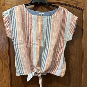 LL Bean Signature Linen Tie Front Top Striped Casual Blouse Size M
